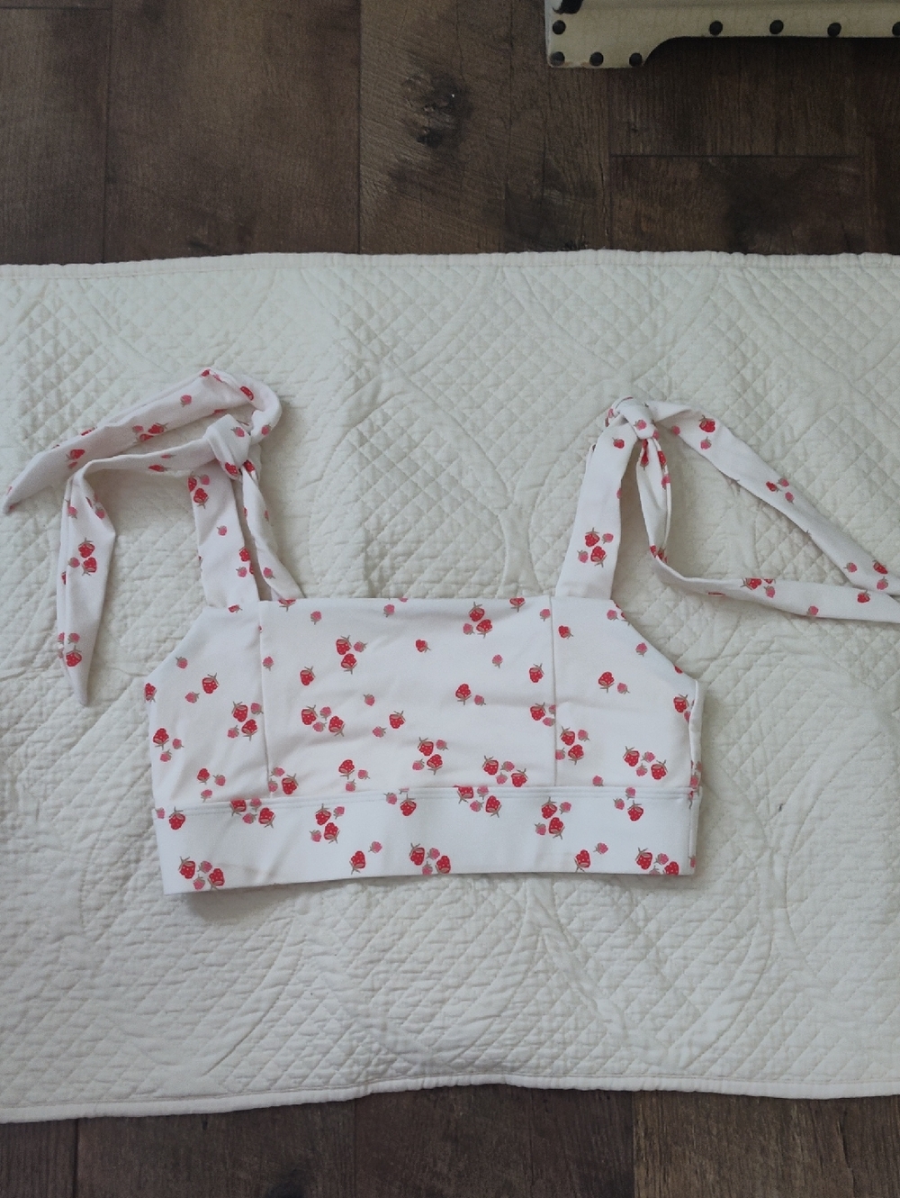 White Strawberry Print Tie-Shoulder Swimming Crop Top